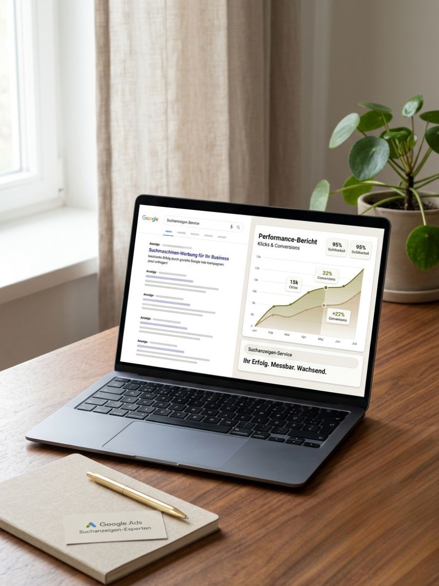 Laptop mit Google-Ads-Performance-Bericht auf einem Holztisch mit Zimmerpflanze