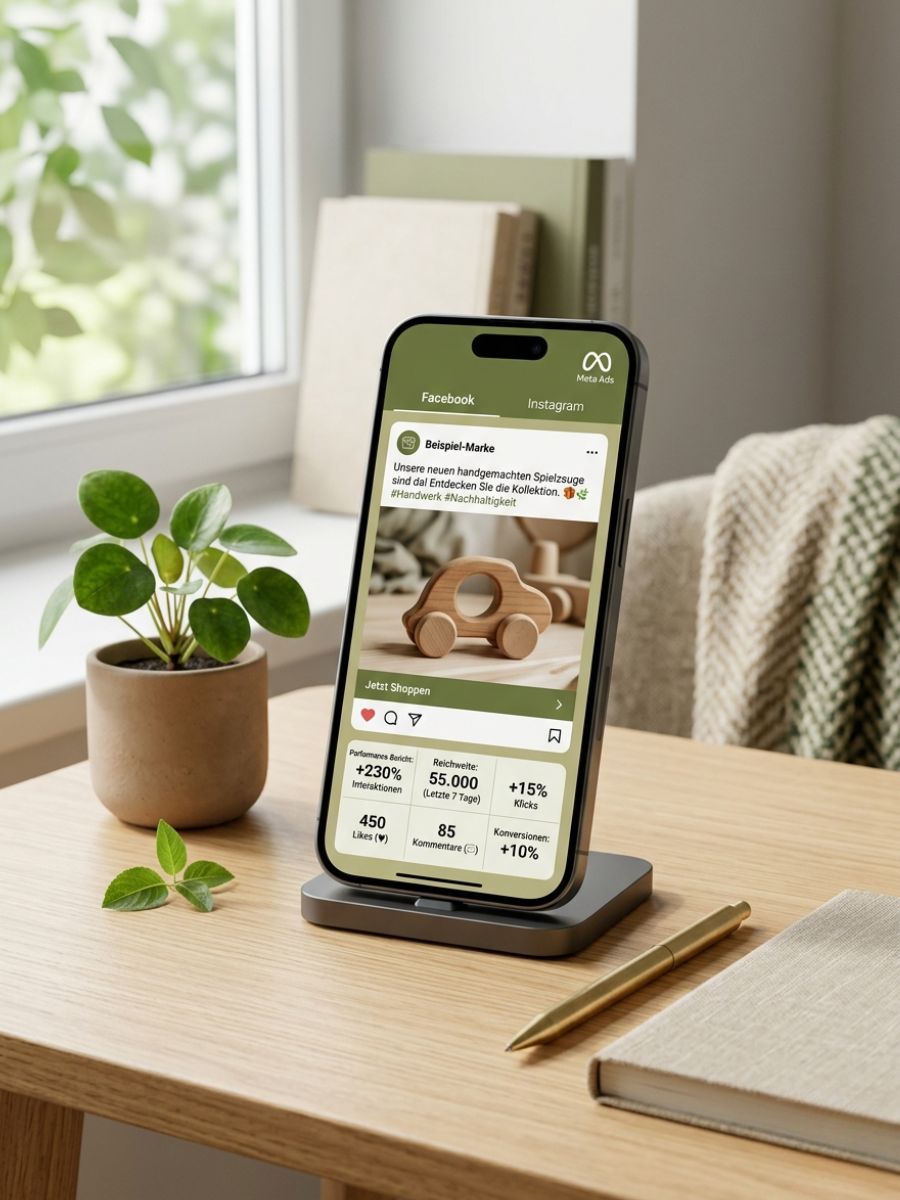 Smartphone mit einer Facebook-Werbeanzeige neben einer Pilea-Pflanze