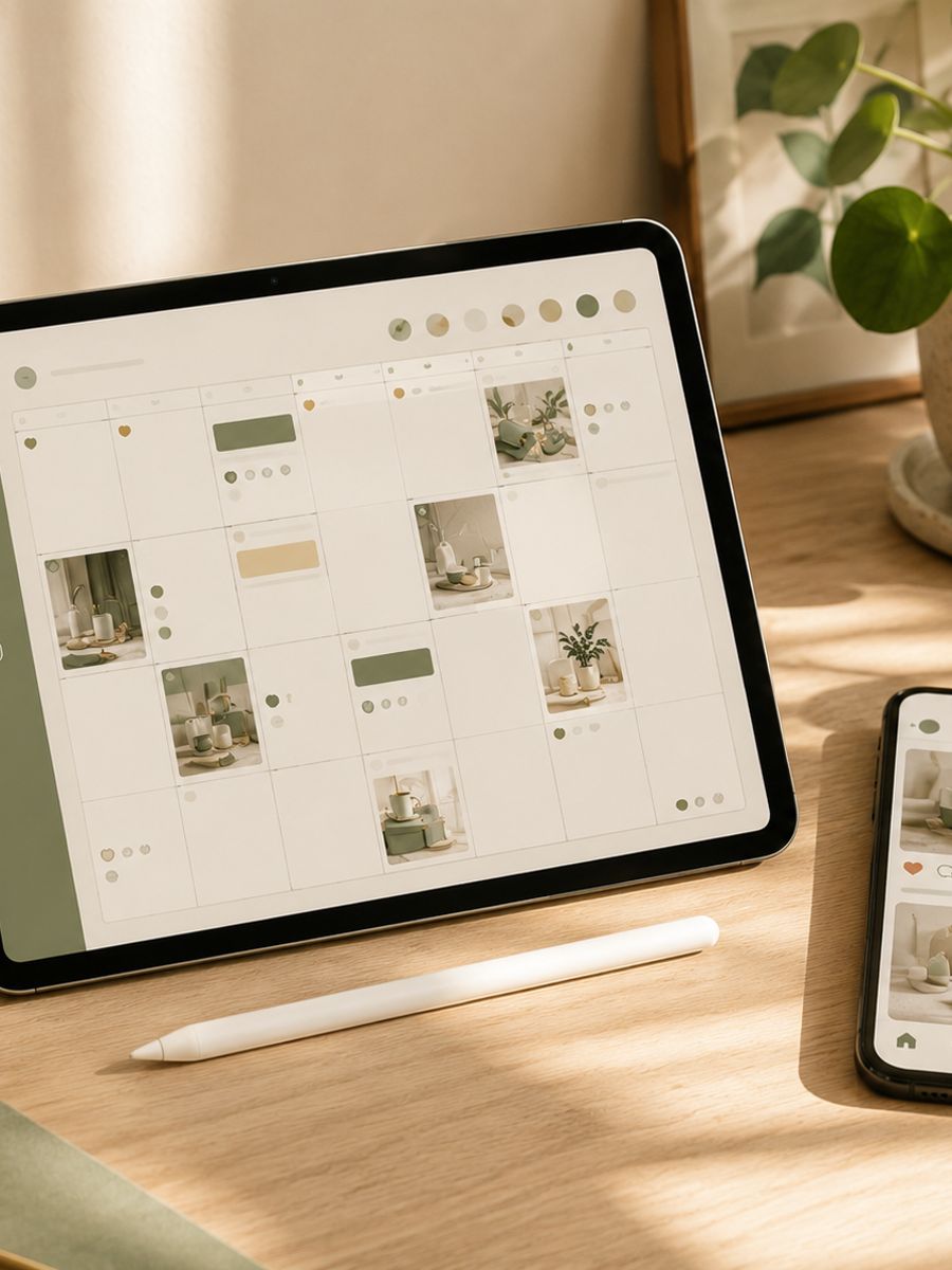 Tablet und Smartphone mit einem Social-Media-Redaktionsplan auf einem Schreibtisch